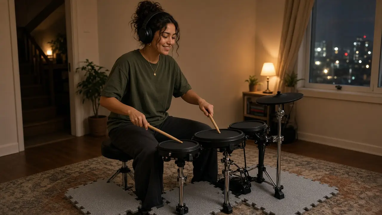A drummer wearing headphones playing a compact electronic drum kit on interlocking foam floor tiles in an upstairs apartment at night