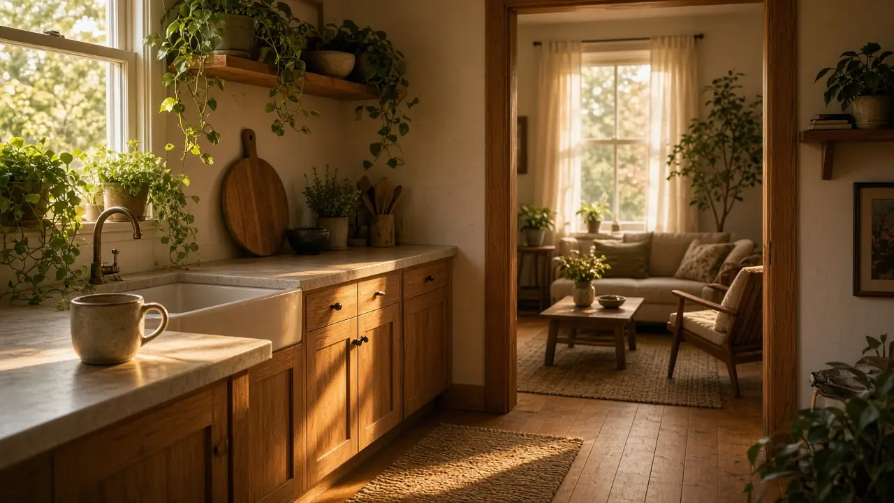 A sunlit small apartment kitchen with plants and a ceramic mug, looking through a doorway into a cozy living room