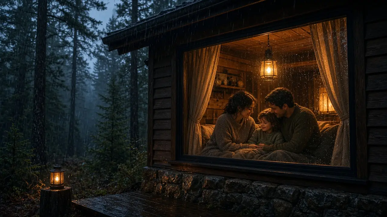 A family sheltering in a lantern-lit cabin during a rainstorm while the woods outside are dark