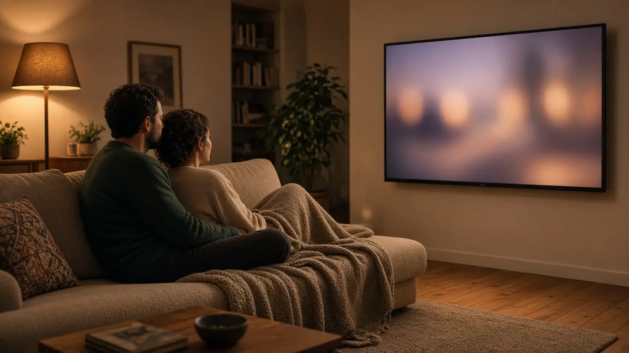 A couple wrapped in a blanket on a sofa watching a wall-mounted TV in a lamp-lit living room at night