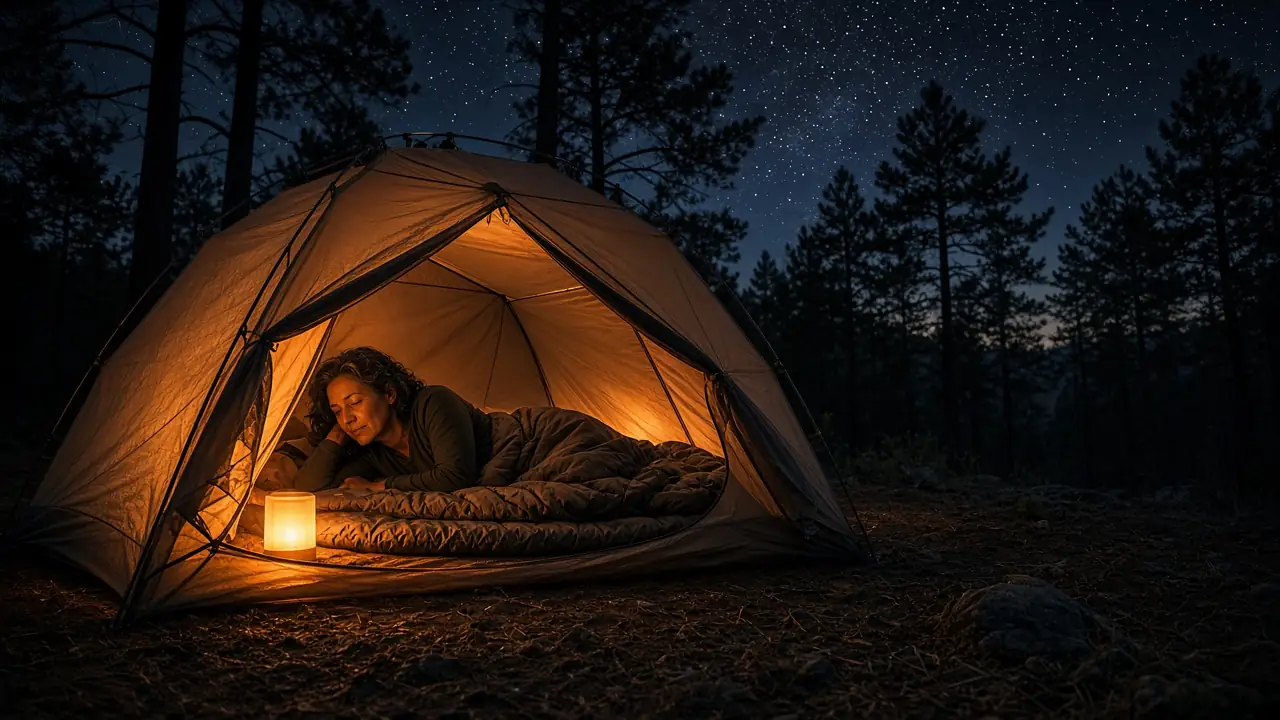 A camper resting in a softly lit tent at night in a pine forest under a starry sky, with a small glowing box beside the sleeping pad
