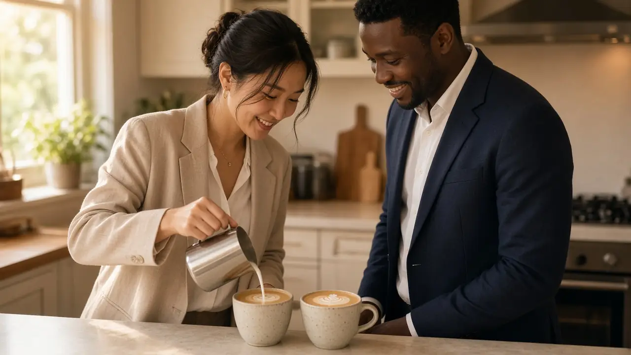 A couple dressed for work smiling in a sunny kitchen while one pours steamed milk into two lattes